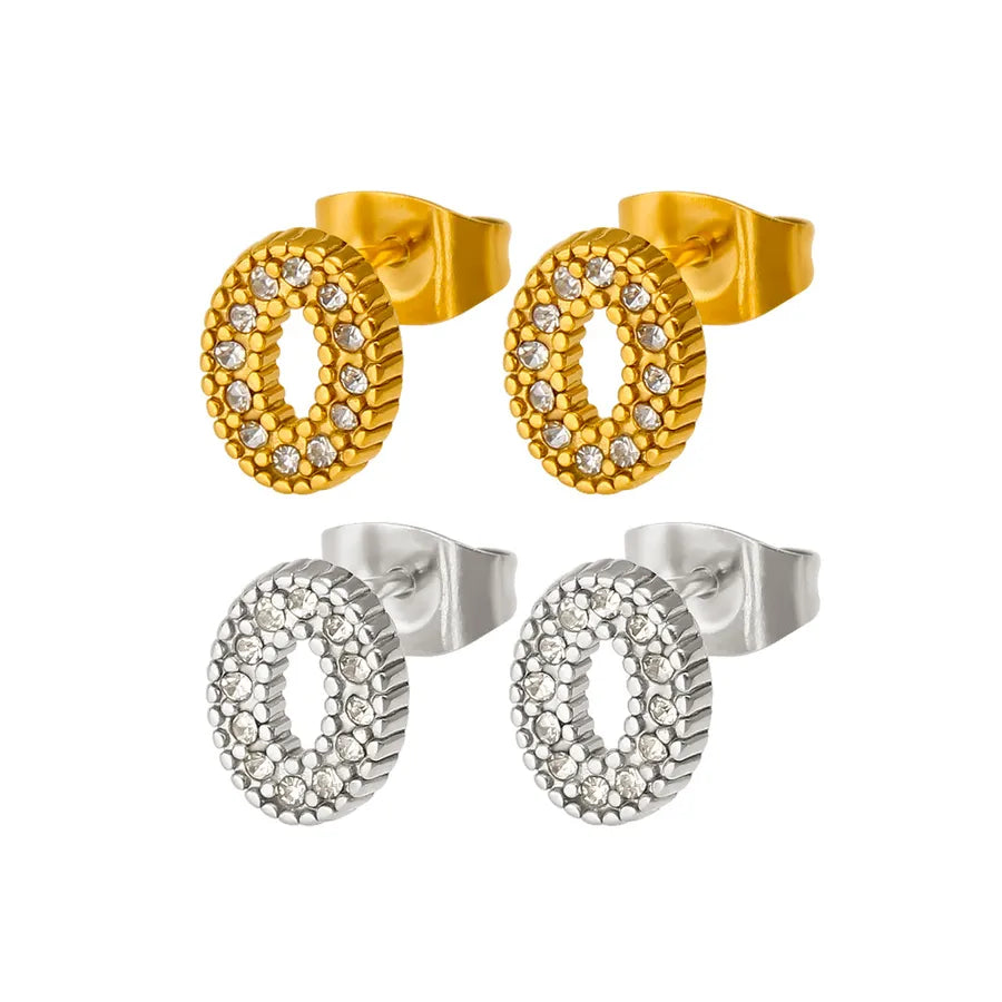 Oval Gold Stud Earrings For Women Featuring Titanium Steel With 304 Stainless Steel Ear Pins and Rhinestone Inlay