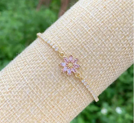 elegant cute shiny flower copper plating inlay zircon 18k gold plated bracelets