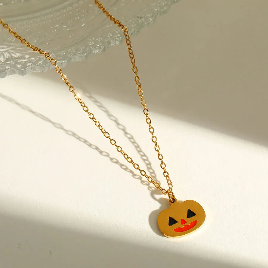 Wholesale Jewelry Hip-Hop Funny Halloween Pattern Pumpkin Skull 304 Stainless Steel 18K Gold Plated Long-Lasting Plated Enamel Plating cable chain Necklace
