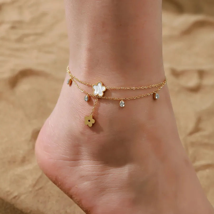 Hawaiian Tropical Solid Color 304 Stainless Steel Plating Inlay Shell 18K Gold Plated Women's Anklet
