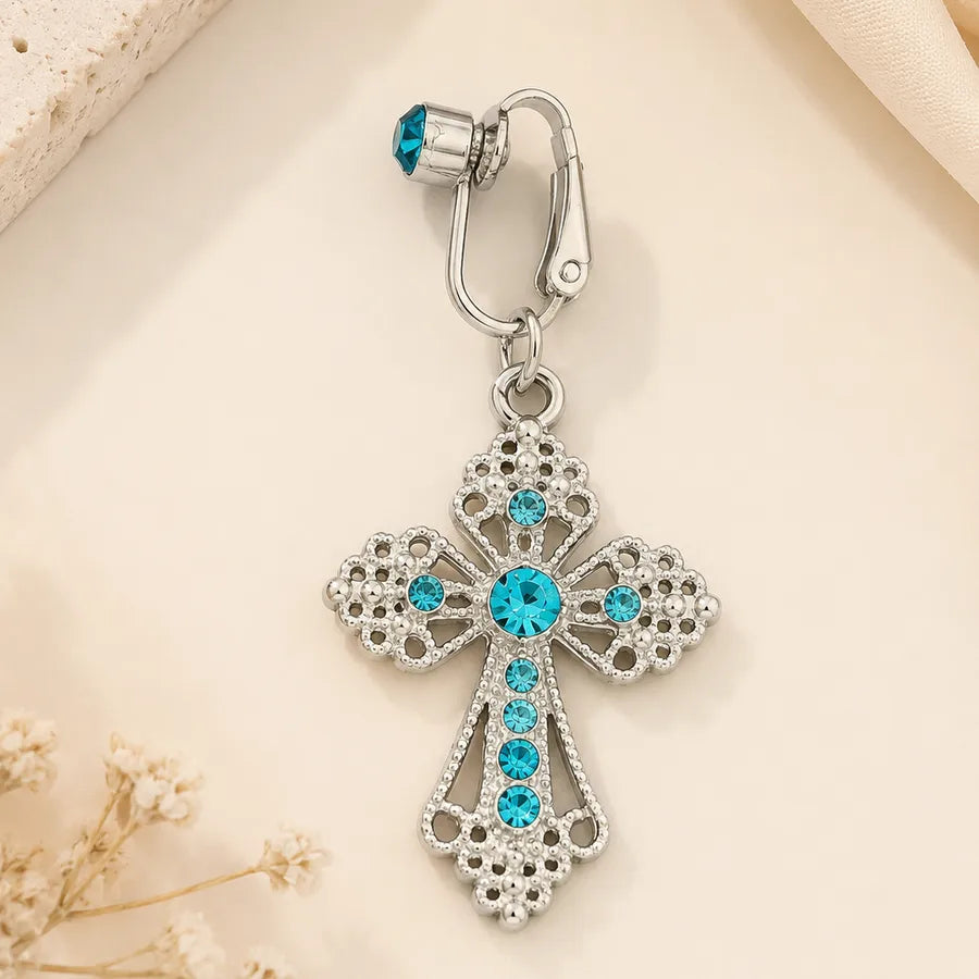 Electroplated White K Plated Alloy Cross Belly Ring with Rhinestones