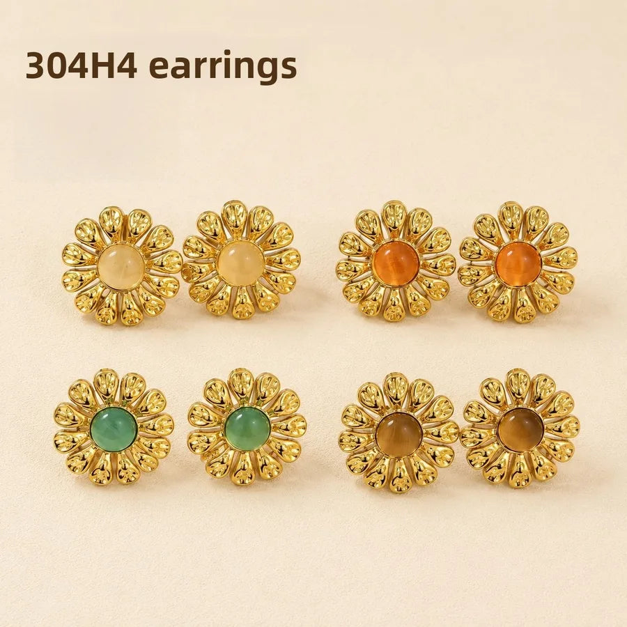Flowers For Women Light Blue Stud Earrings in Retro Style Featuring 304 Stainless Steel Material