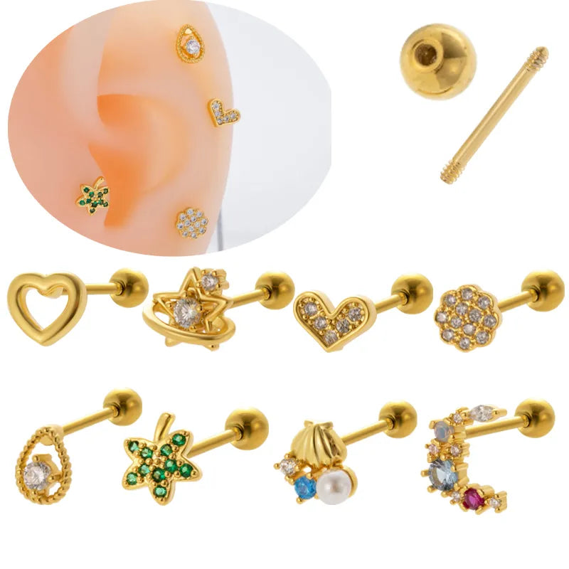 1 Piece Ear Cartilage Rings & Studs Vintage Style French Style Simple Style Leaves Water Droplets Heart Shape 316L Stainless Steel  Copper Plating Inlay Pearl Zircon