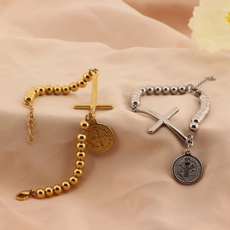 Basic Streetwear Cross Stainless Steel 18K Gold Plated Bracelets In Bulk