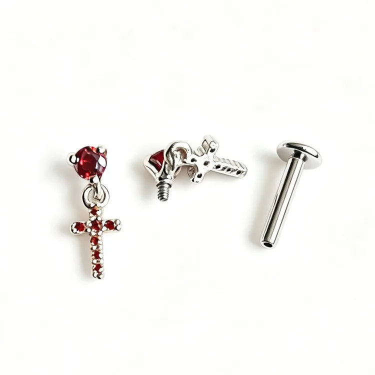 Unisex Cross Lip Ring in 316 Stainless Steel with Zircon Inlay, Available in Gold