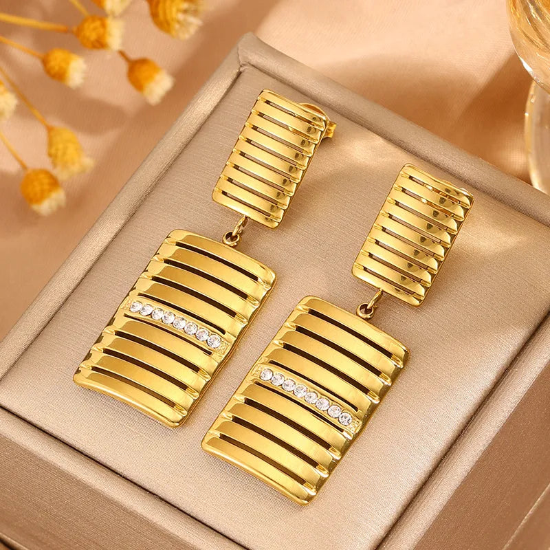 Gold Rectangle Stud Earrings For Women Featuring Titanium Steel and 304 Stainless Steel Posts with Rhinestones Inlay