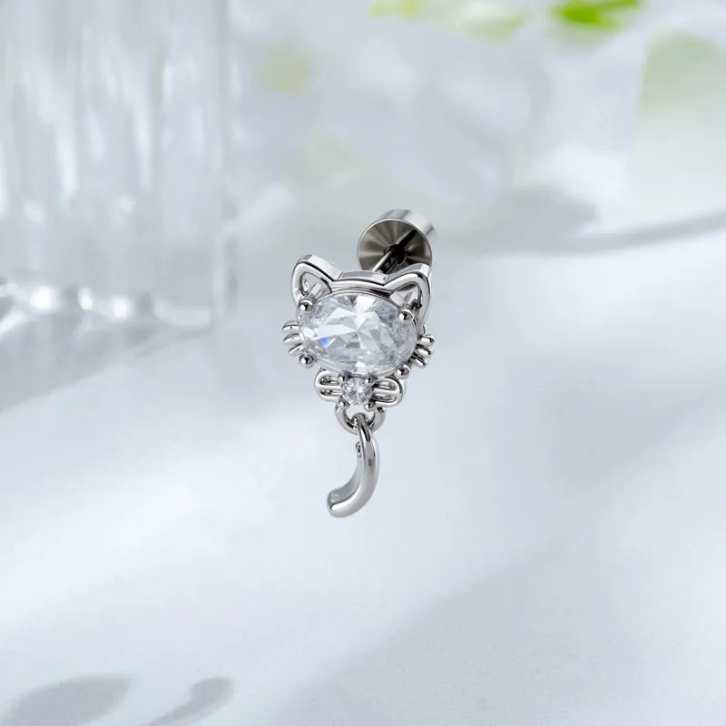 Sweet Unisex Cat Ear Cartilage Rings & Studs in White Titanium Alloy with Zircon Inlay