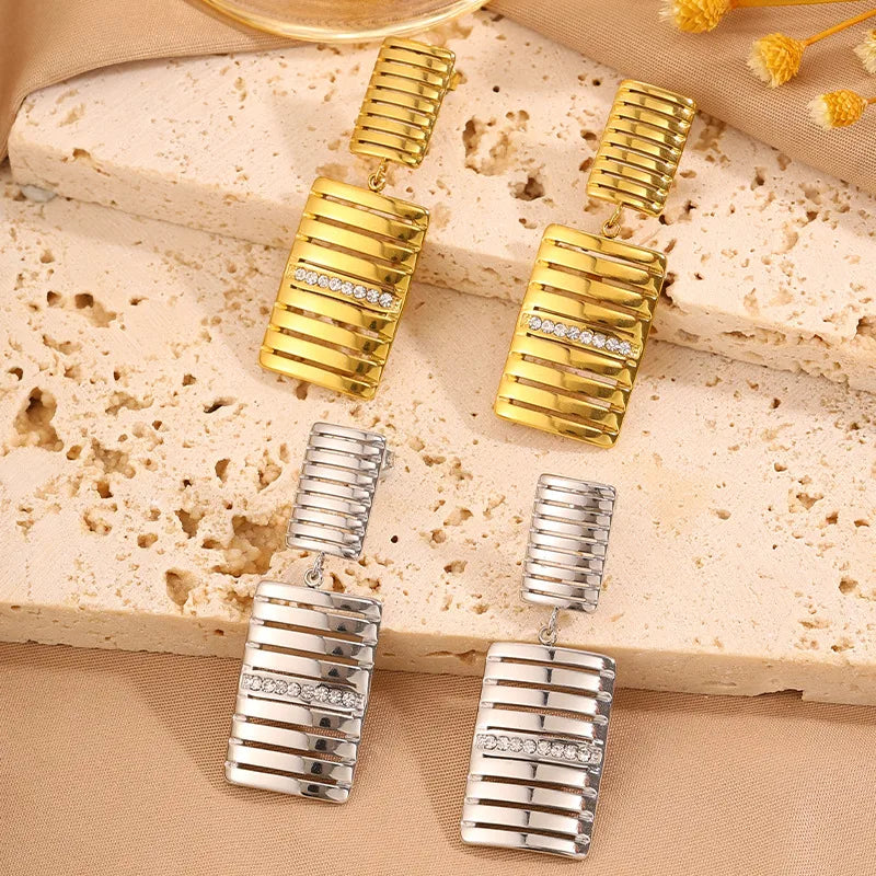 Gold Rectangle Stud Earrings For Women Featuring Titanium Steel and 304 Stainless Steel Posts with Rhinestones Inlay