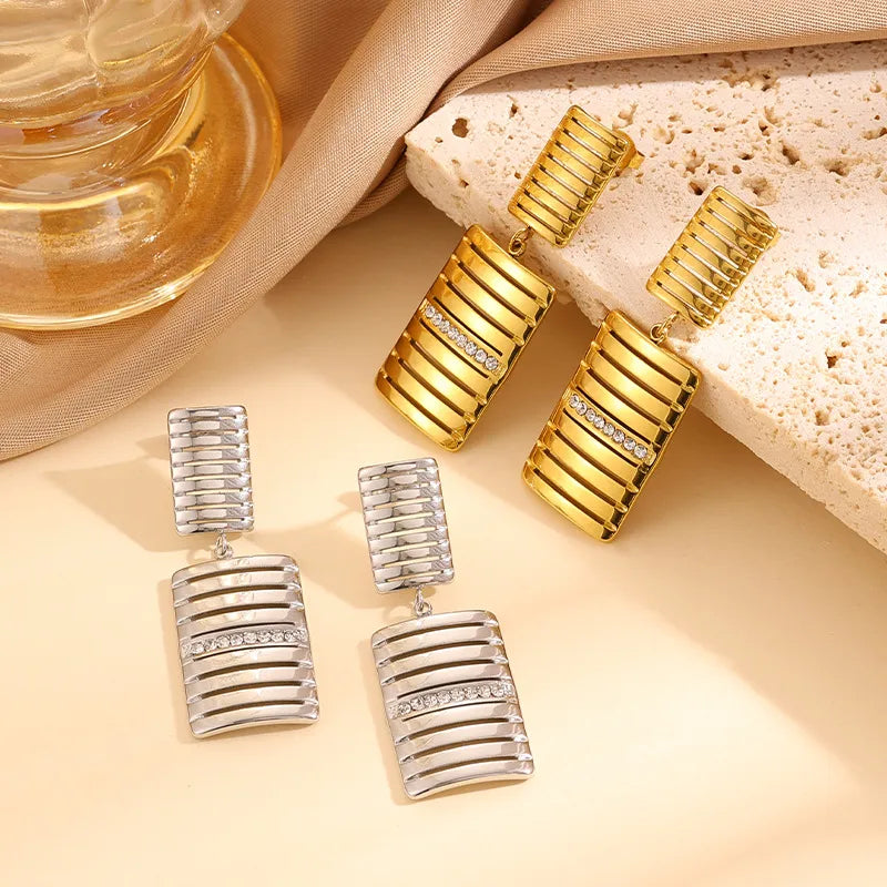 Gold Rectangle Stud Earrings For Women Featuring Titanium Steel and 304 Stainless Steel Posts with Rhinestones Inlay