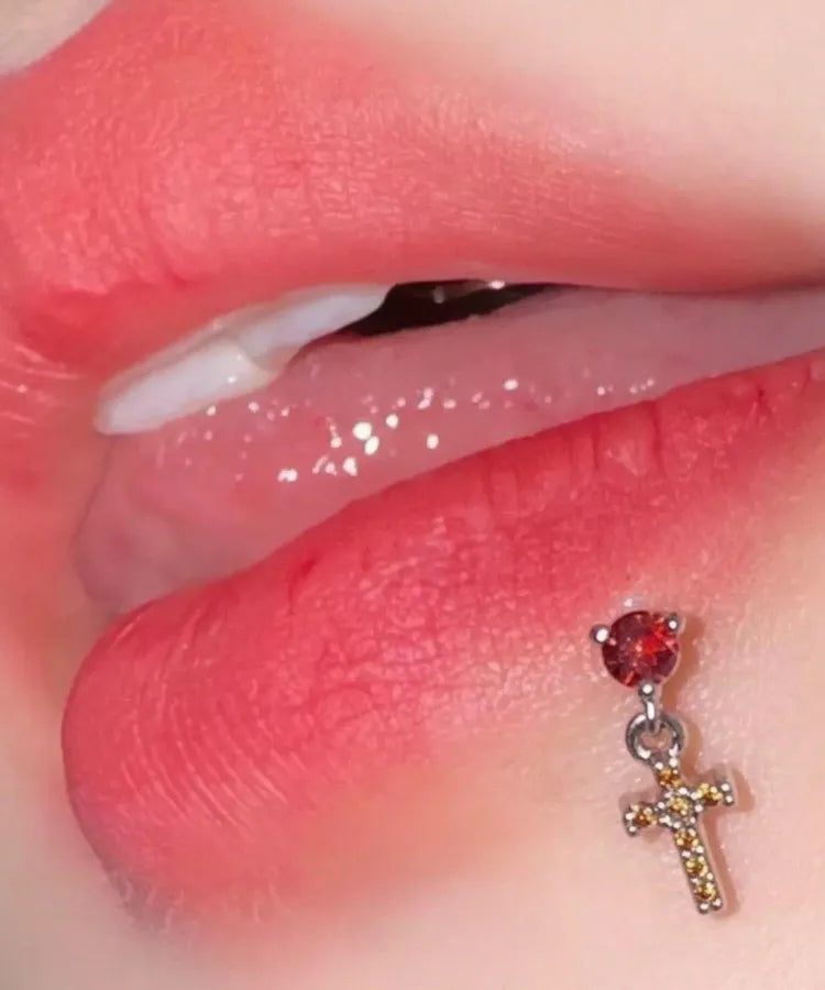 Unisex Cross Lip Ring in 316 Stainless Steel with Zircon Inlay, Available in Gold
