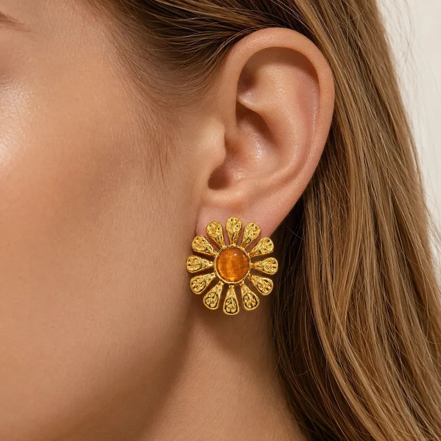 Flowers For Women Light Blue Stud Earrings in Retro Style Featuring 304 Stainless Steel Material