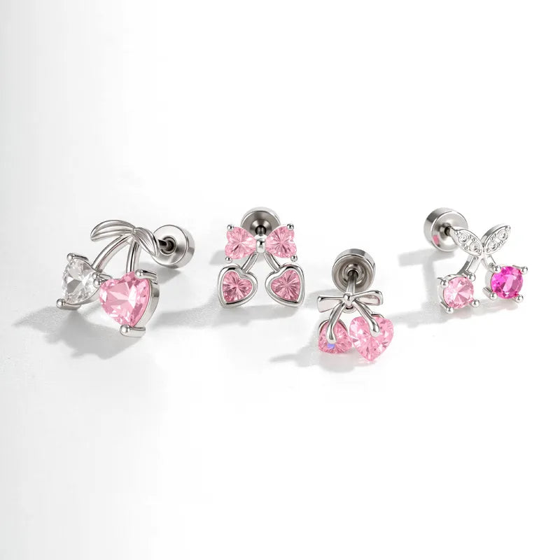 Sweet Cherry Copper Ear Cartilage Rings & Studs for Women with Zircon Inlay in Natural Pink