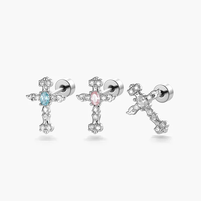Gothic Unisex Copper Cross Ear Cartilage Rings & Studs with White Zircon Inlay