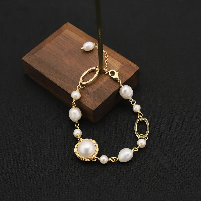 retro geometric freshwater pearl plating 18k gold plated bracelets