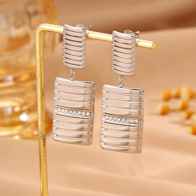 Gold Rectangle Stud Earrings For Women Featuring Titanium Steel and 304 Stainless Steel Posts with Rhinestones Inlay