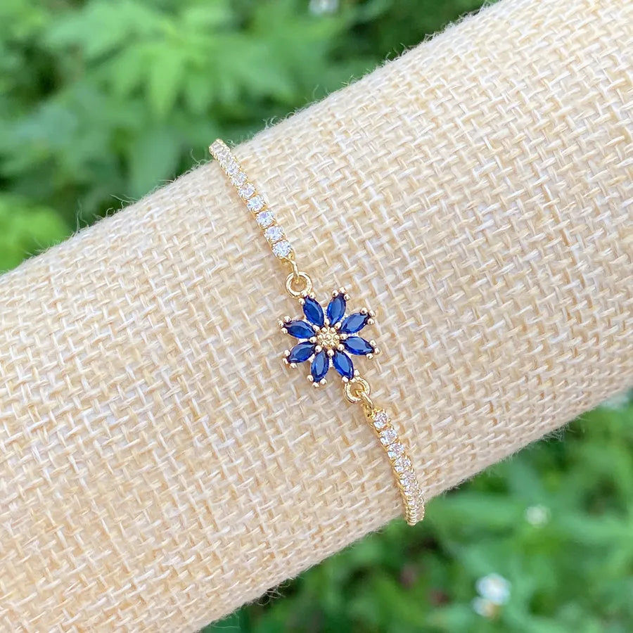 elegant cute shiny flower copper plating inlay zircon 18k gold plated bracelets