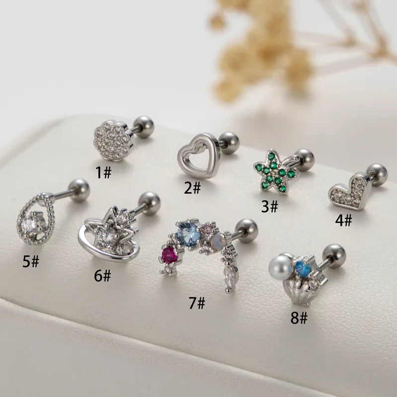 1 Piece Ear Cartilage Rings & Studs Vintage Style French Style Simple Style Leaves Water Droplets Heart Shape 316L Stainless Steel  Copper Plating Inlay Pearl Zircon