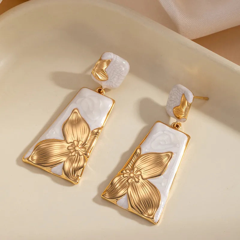 Exaggerated Flowers Stud Earrings for Women in White Titanium Steel with Carving Craft