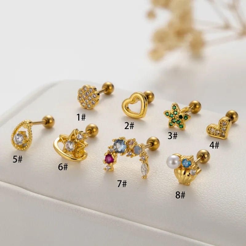 1 Piece Ear Cartilage Rings & Studs Vintage Style French Style Simple Style Leaves Water Droplets Heart Shape 316L Stainless Steel  Copper Plating Inlay Pearl Zircon