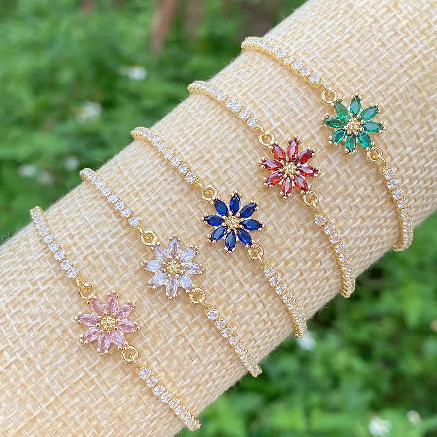 elegant cute shiny flower copper plating inlay zircon 18k gold plated bracelets