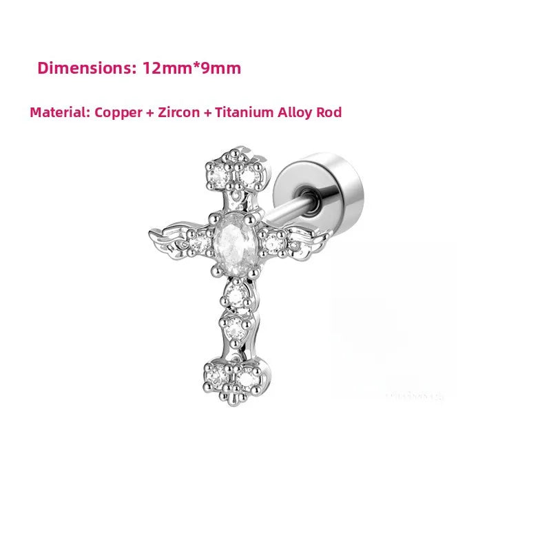 Gothic Unisex Copper Cross Ear Cartilage Rings & Studs with White Zircon Inlay