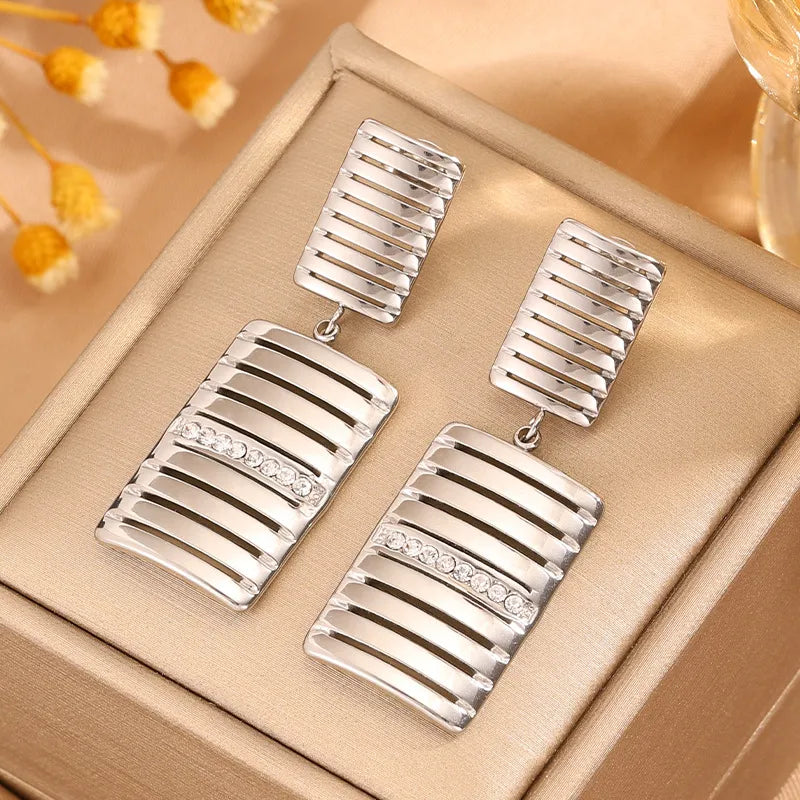 Gold Rectangle Stud Earrings For Women Featuring Titanium Steel and 304 Stainless Steel Posts with Rhinestones Inlay