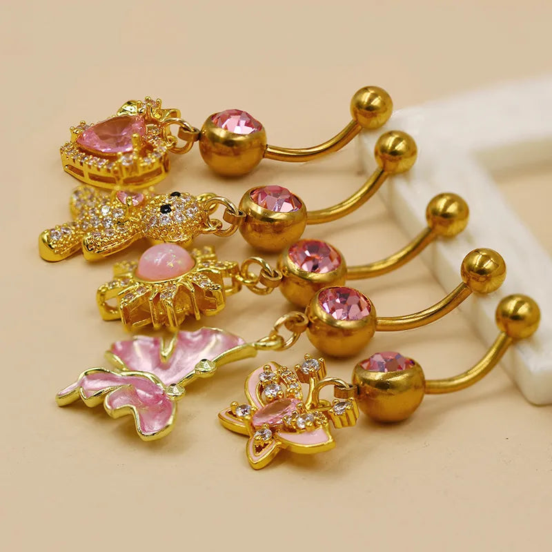 1 Piece Belly Rings Elegant Sexy Classic Style Sun Heart Shape Butterfly 316L Stainless Steel  Alloy Inlay Resin Rhinestones Glass Gold Plated