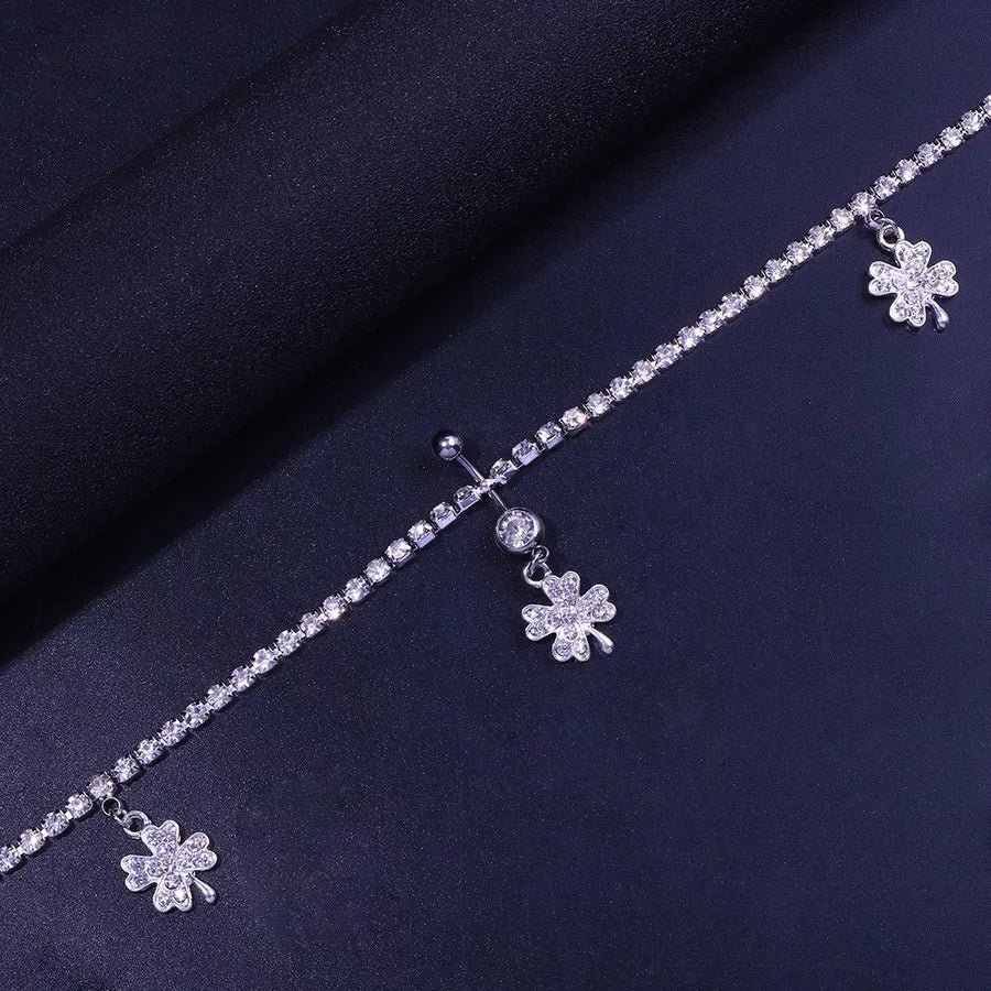 Lucky Heart Belly Ring for Women in Silver Featuring Rhinestone Inlay