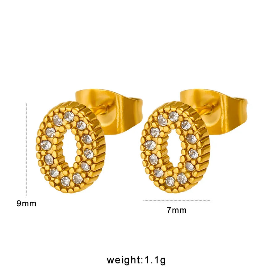 Oval Gold Stud Earrings For Women Featuring Titanium Steel With 304 Stainless Steel Ear Pins and Rhinestone Inlay