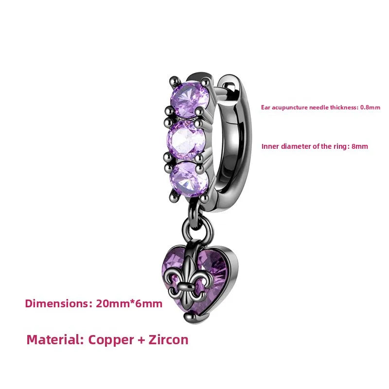 Unisex Heart Shape Copper Ear Cartilage Rings & Studs with Claw Setting and Purple Zircon Inlay
