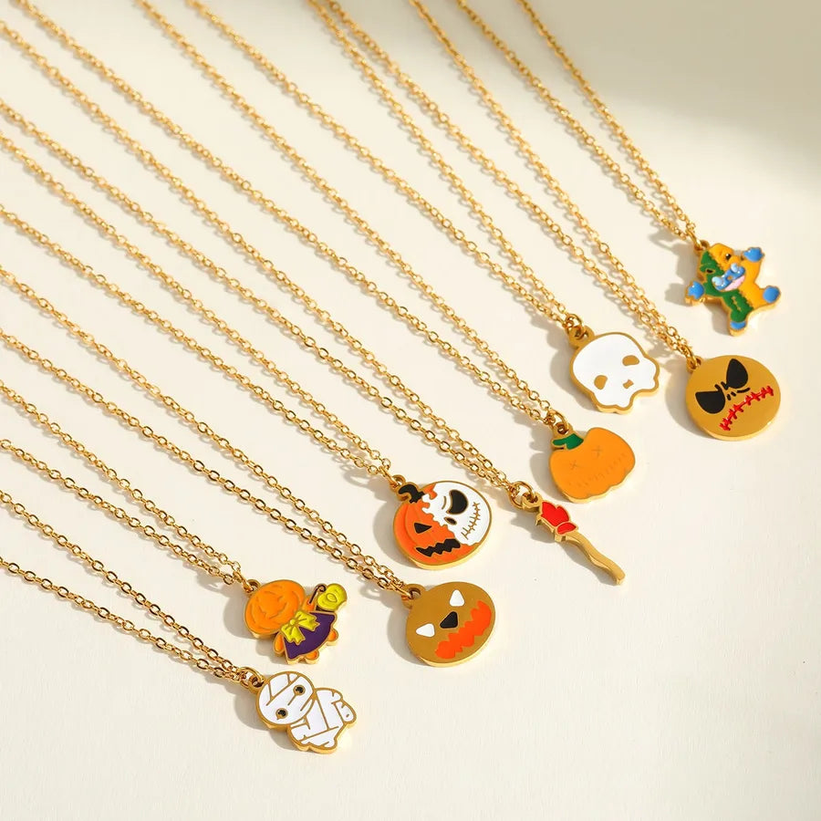 Wholesale Jewelry Hip-Hop Funny Halloween Pattern Pumpkin Skull 304 Stainless Steel 18K Gold Plated Long-Lasting Plated Enamel Plating cable chain Necklace