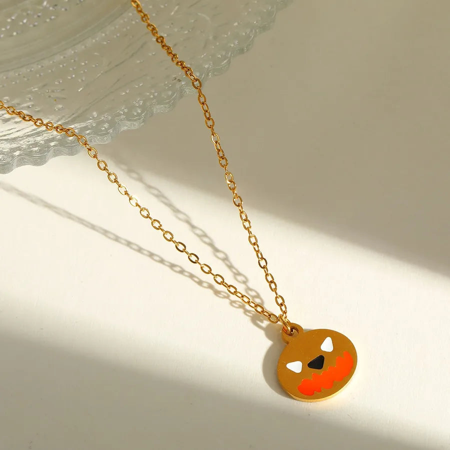 Wholesale Jewelry Hip-Hop Funny Halloween Pattern Pumpkin Skull 304 Stainless Steel 18K Gold Plated Long-Lasting Plated Enamel Plating cable chain Necklace