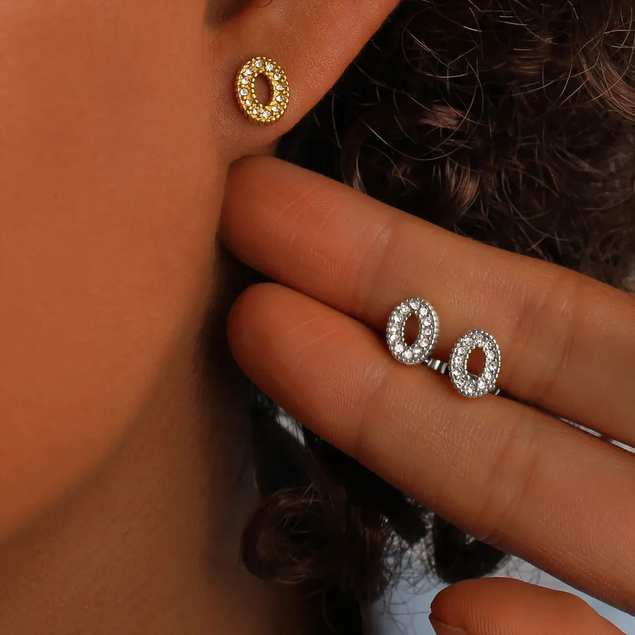 Oval Gold Stud Earrings For Women Featuring Titanium Steel With 304 Stainless Steel Ear Pins and Rhinestone Inlay