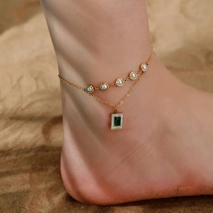 Hawaiian Tropical Solid Color 304 Stainless Steel Plating Inlay Shell 18K Gold Plated Women's Anklet