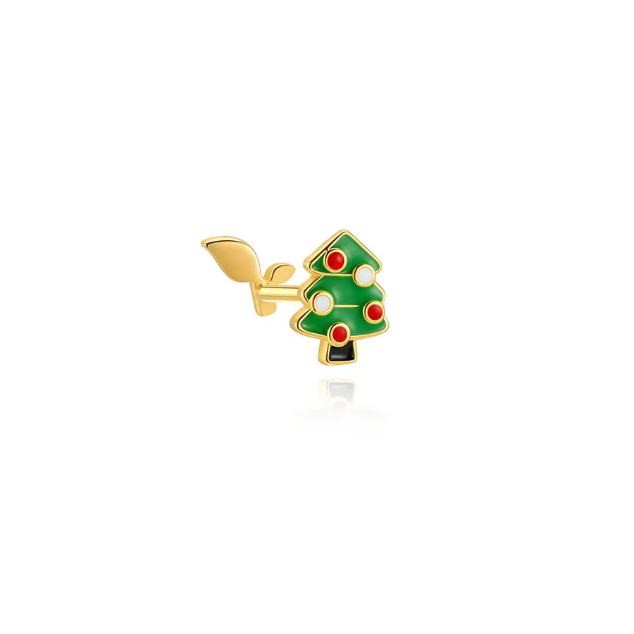 Unisex Christmas Tree Ear Cartilage Rings & Studs Featuring Enamel and Zircon in 925 Sterling Silver