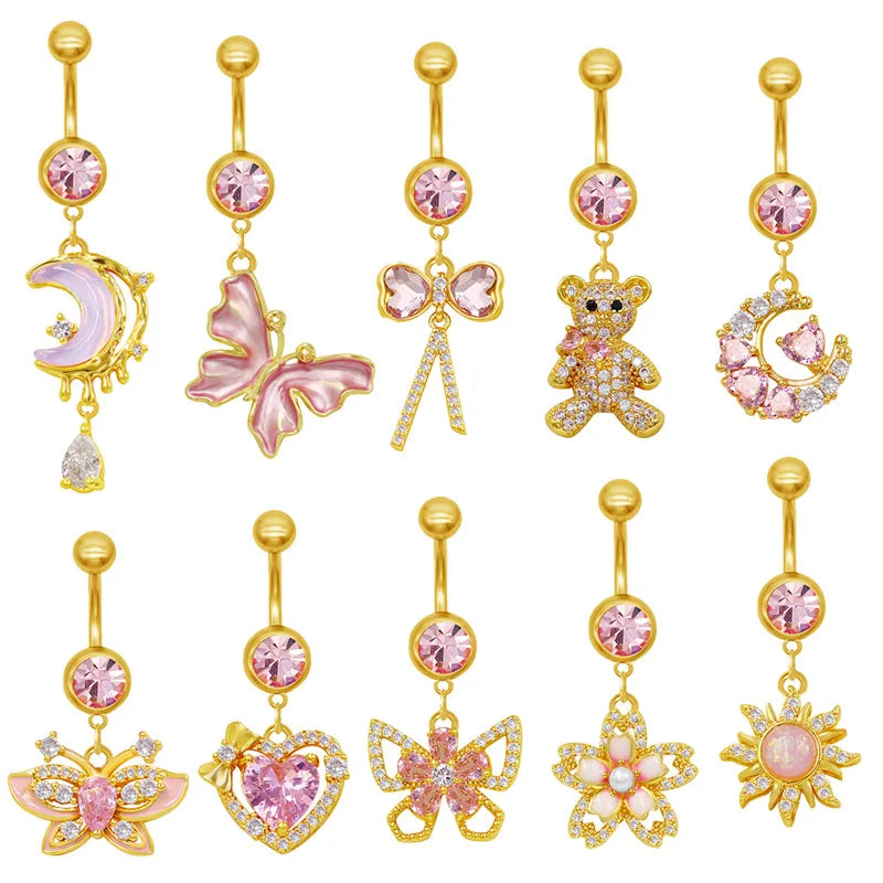1 Piece Belly Rings Elegant Sexy Classic Style Sun Heart Shape Butterfly 316L Stainless Steel  Alloy Inlay Resin Rhinestones Glass Gold Plated