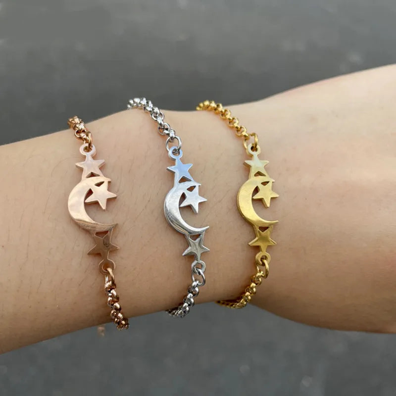 Fashion Star Moon 201 Stainless Steel 18K Gold Plated Bracelets In Bulk