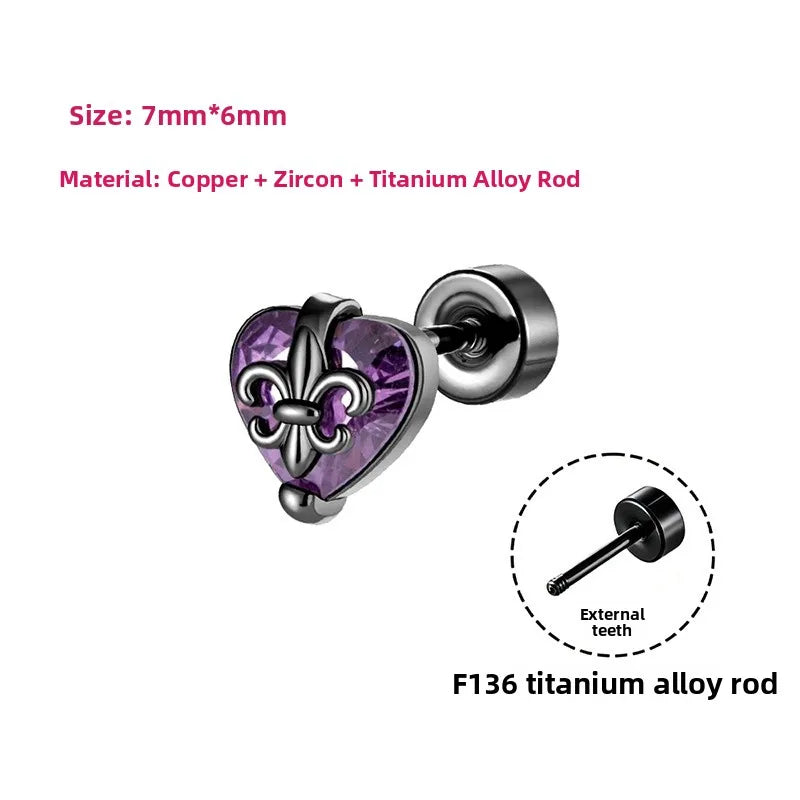 Unisex Heart Shape Copper Ear Cartilage Rings & Studs with Claw Setting and Purple Zircon Inlay