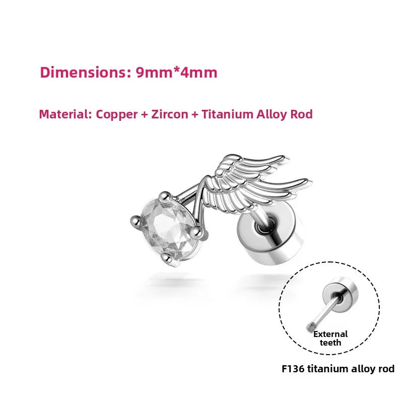 Angel Wings Copper Ear Cartilage Rings & Studs with Claw Setting in , Unisex, White