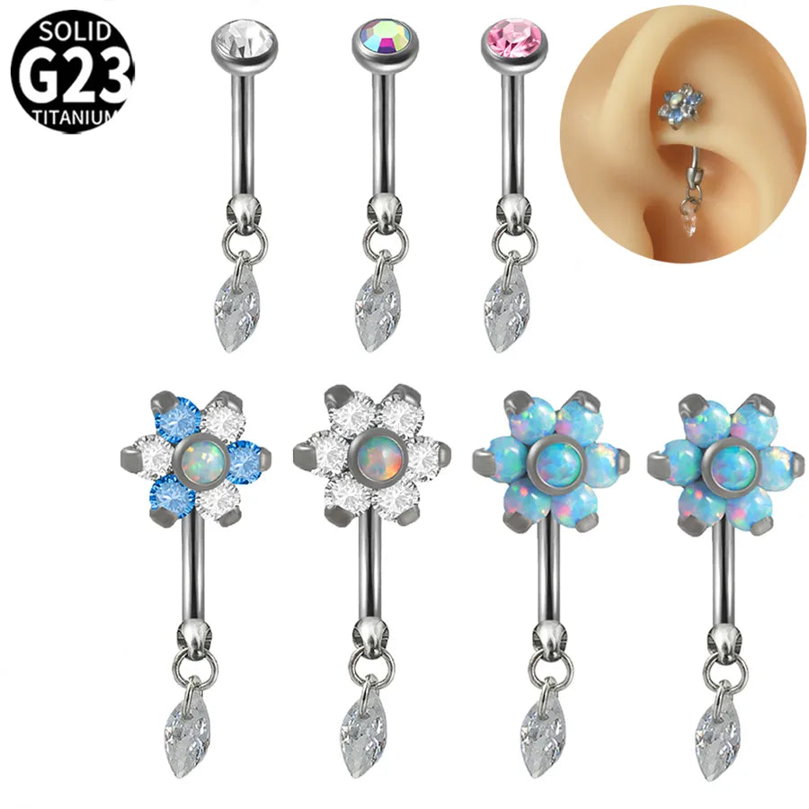 1 Piece Ear Cartilage Rings & Studs Casual Tropical Round Water Droplets Flower G23 Titanium Alloy Polishing Zircon Ear Cartilage Rings & Studs