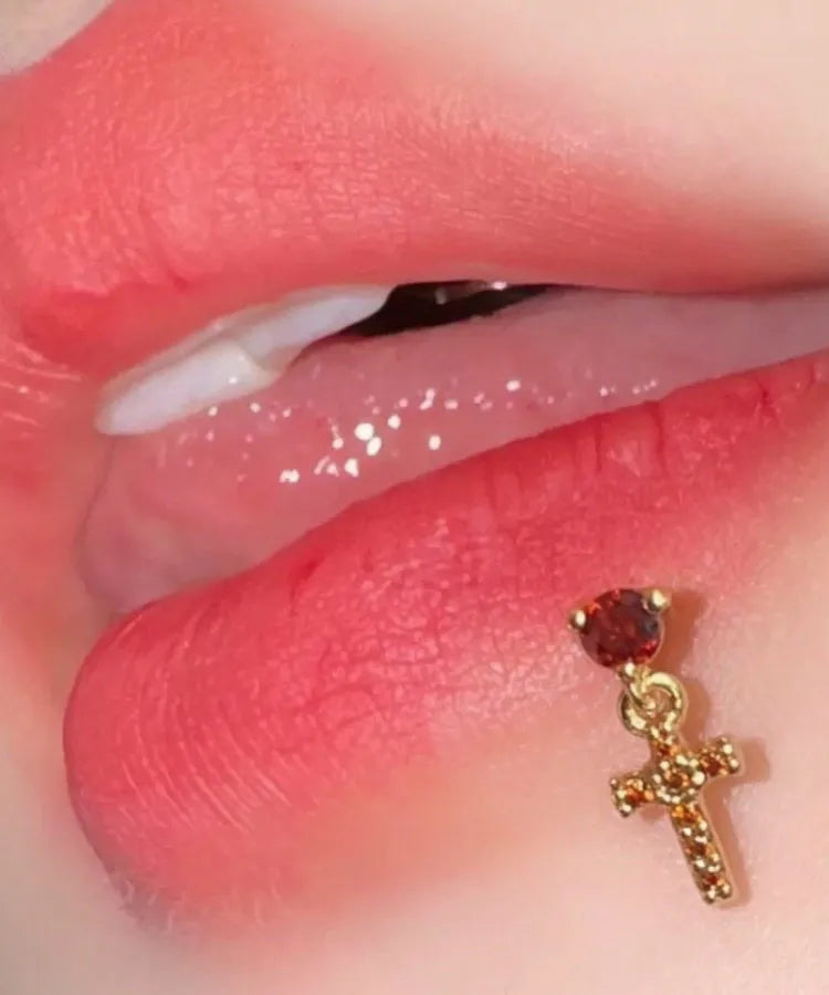 Unisex Cross Lip Ring in 316 Stainless Steel with Zircon Inlay, Available in Gold
